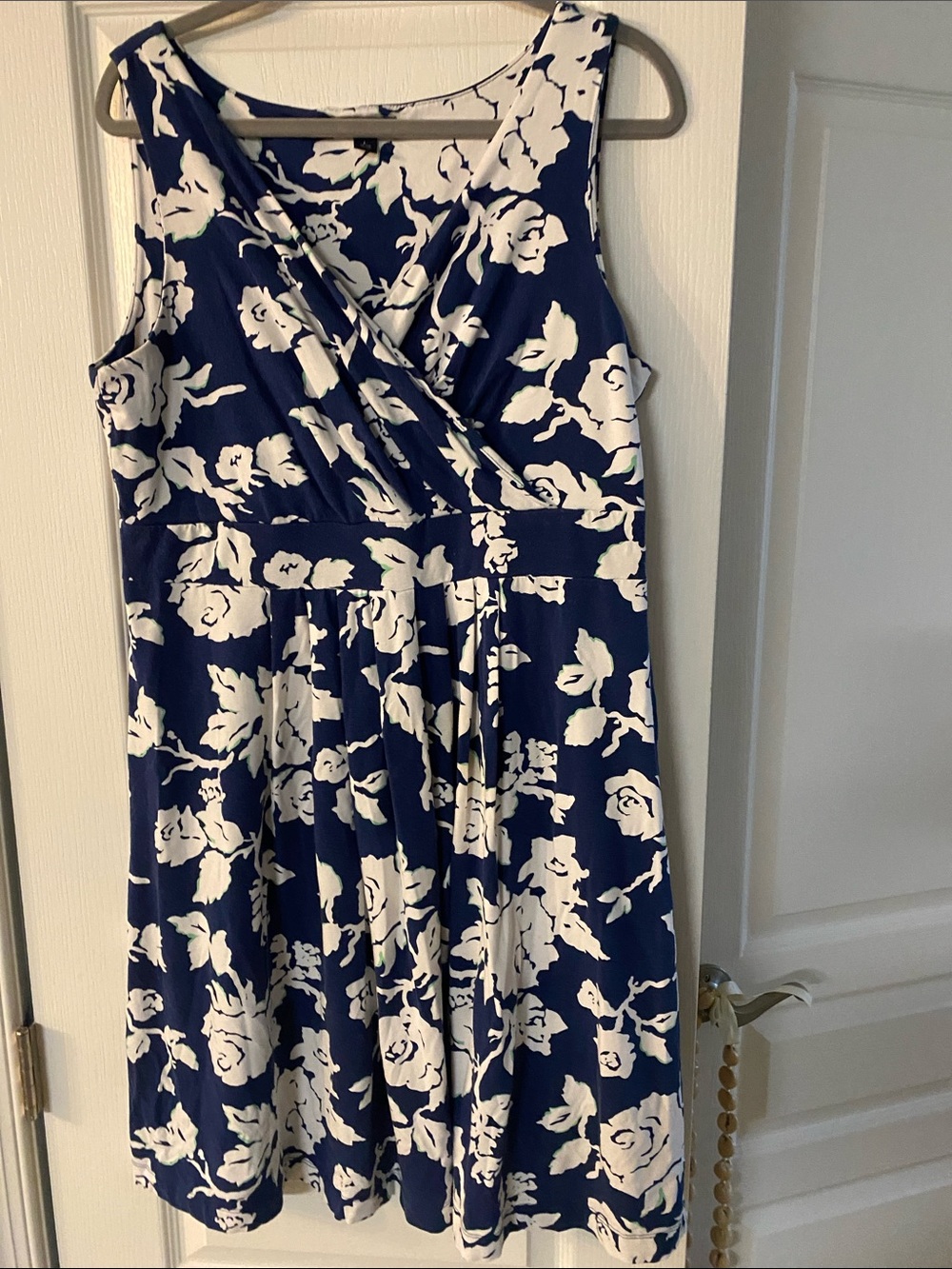 Lands End Blue and White Floral Sleeveless Faux Wrap Dress